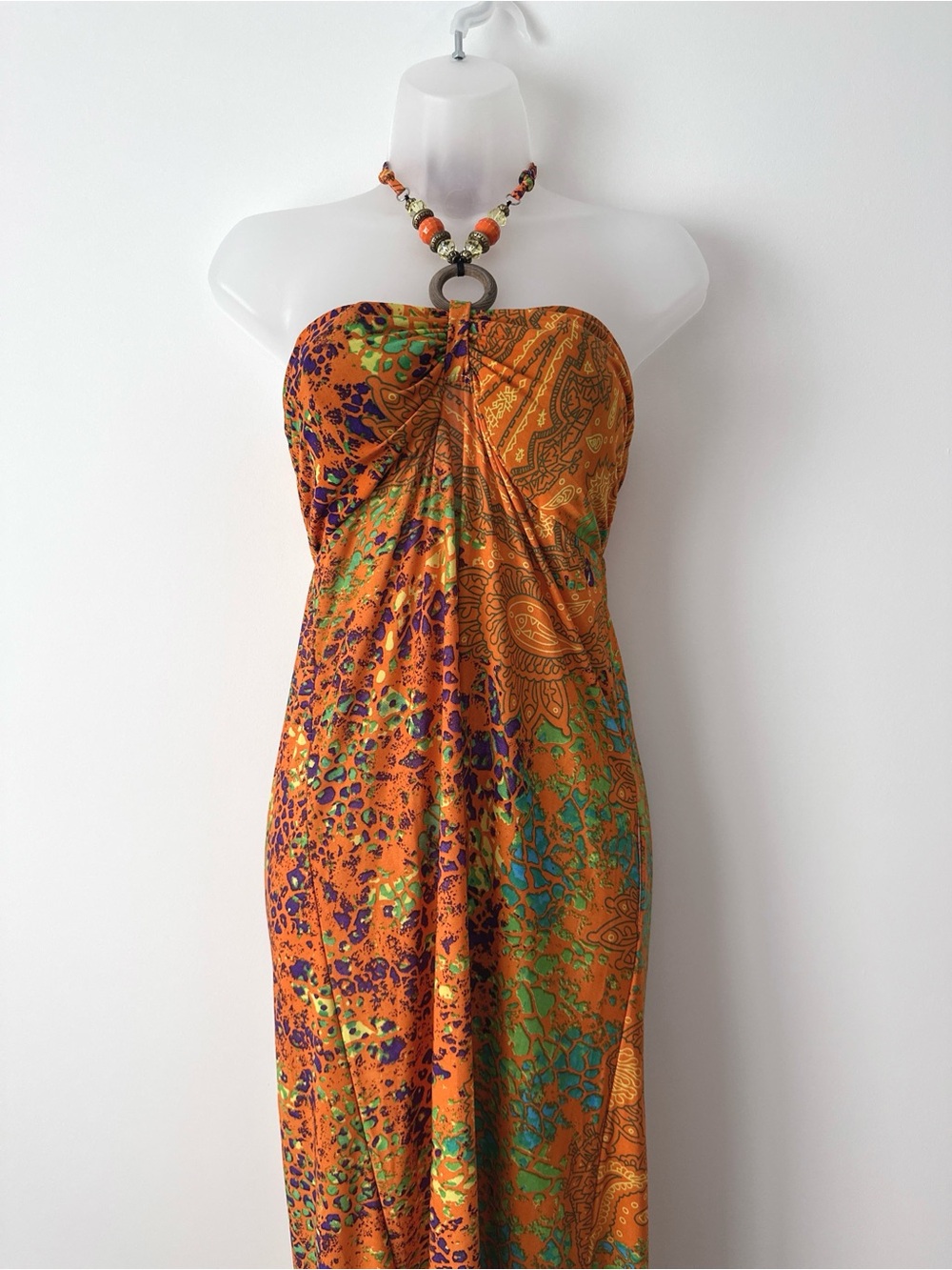 y2k high low halter beaded o ring maxi dress is as